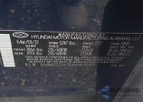 2022 Hyundai Santa Fe Sel z USA, uszkodzony, nr VIN 5NMS2DAJ5NH439199